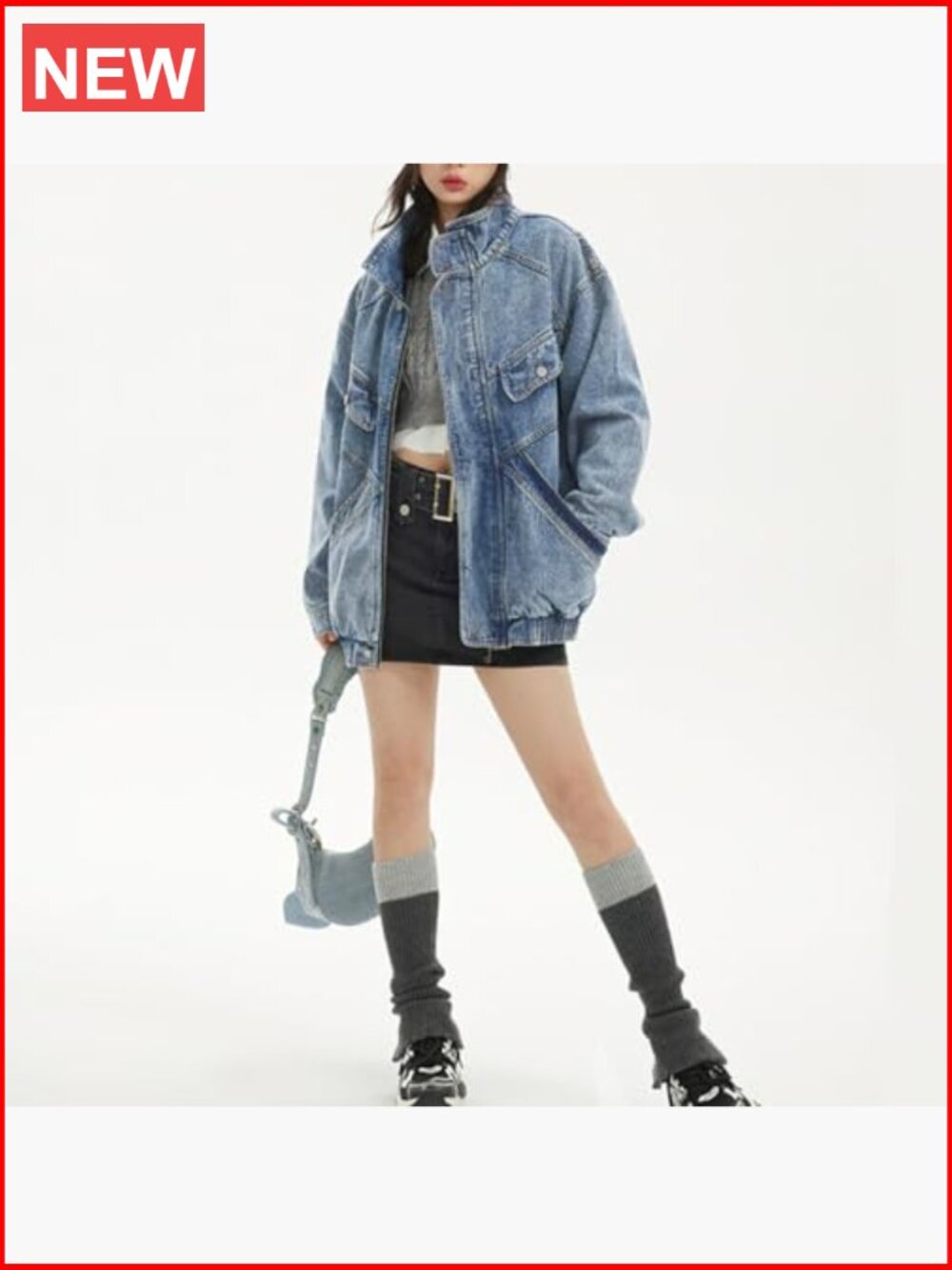 Oversized Stand Collar Shacket Jean Jacket Zip Up Distressed Frayed Denim Coat - Picture 5 of 7